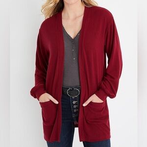 Maurices Red Blouson Sleeve Pocket Open Front Plush Cardigan Xsmall Women’s